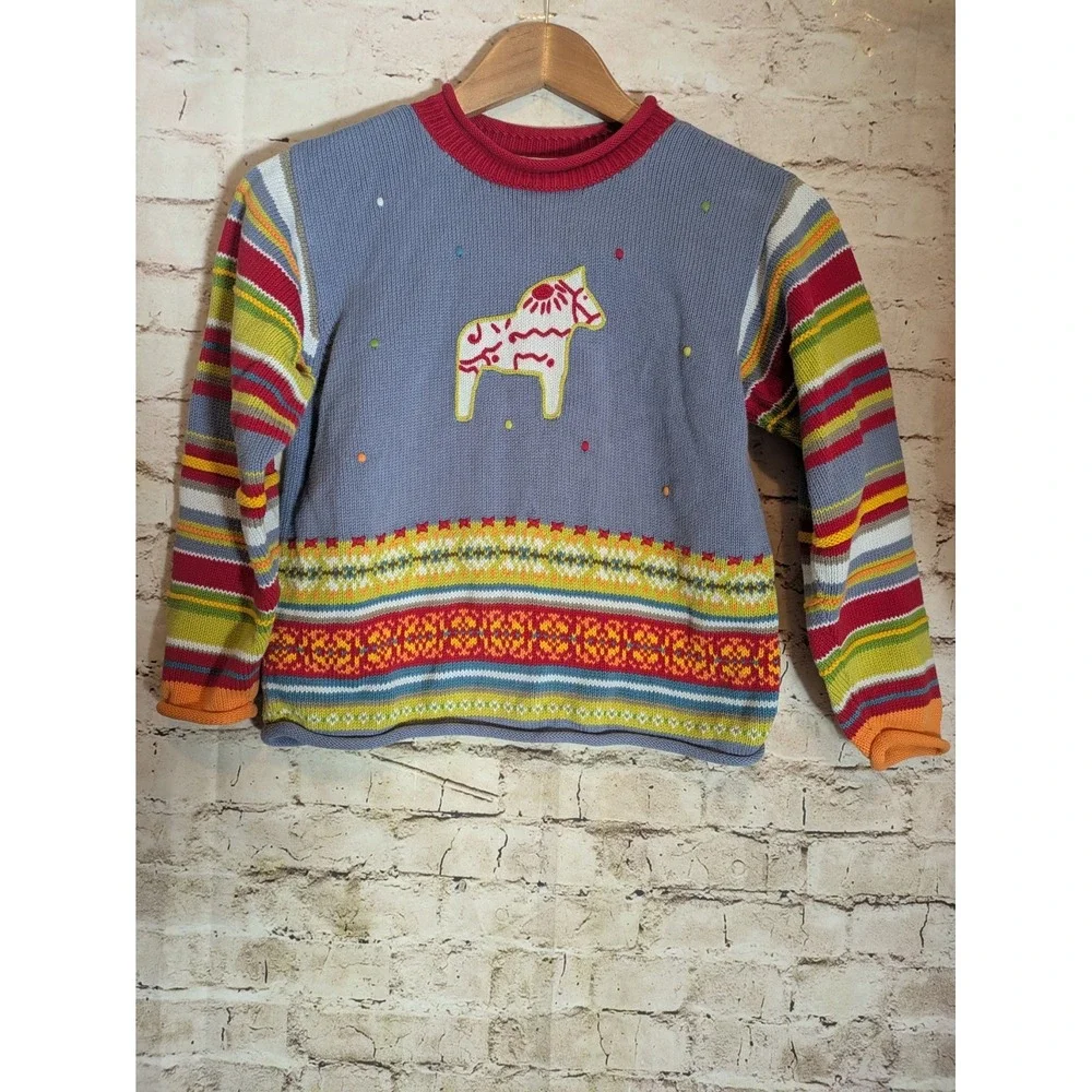 Hannah Anderson Roll Neck Sweater Girl's 10 Southwestern Dala Horse Print Peru
